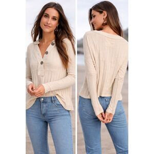We The Free Ribbed Henley Top Cream Button Front Long Sleeve Cozy Boho Size M